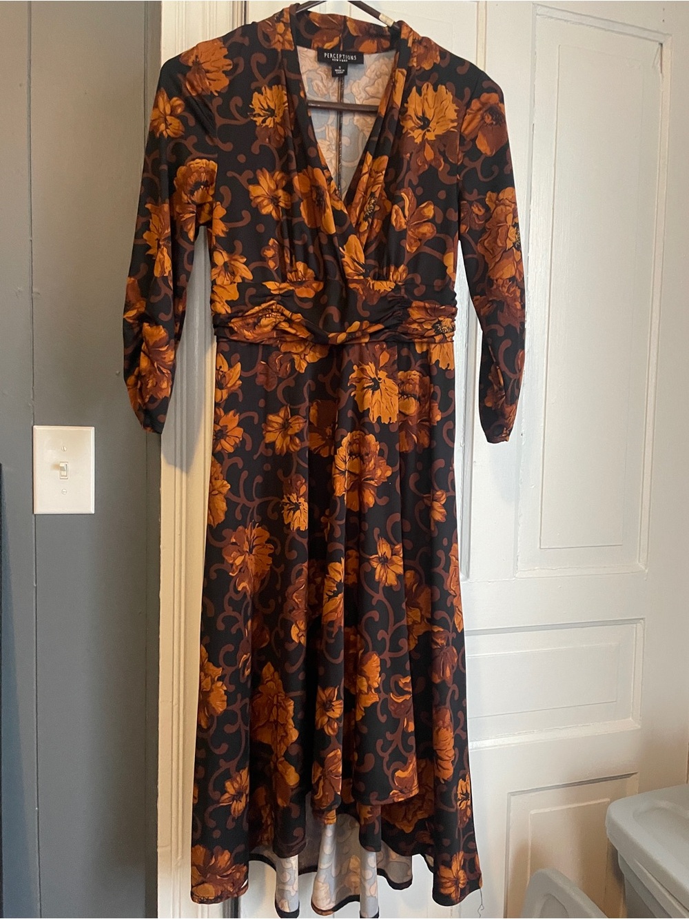 Perceptions New York Black Maxi Dress with Burnt Orange Floral Print size  Small